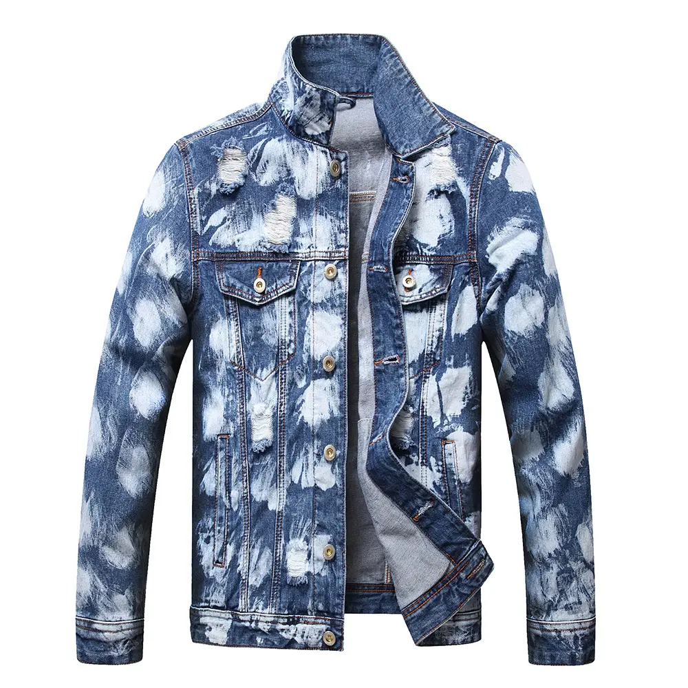 Factory wholesale custom denim Distress Blue and white printing pocket jean tie-dye coat men's clothing jackets