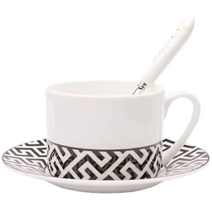 Nordic Creative Geometric Pattern Ceramic Coffee <b>Cup</b> Saucer Set Spoon Black White Sustainable Family Restaurant Hotel Use - Product Image 1