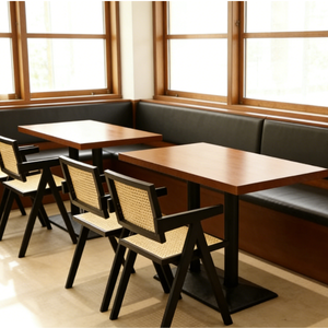 Set di Arredamento Commerciale per Ristoranti: Divanetti in Pelle con Tavoli in Legno e Sedie Imbottite in Rattan per Hotel e Caffè - Product Image 1