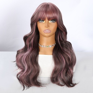 26-inch Brown-highlighted <strong>pink</strong> Wavy <strong>Wig</strong> for Women with Bangs - Heat-resistant Synthetic Hair, Long and Flowing Style Sm412-12 - Product Image 1