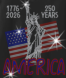Camiseta con Pedrería 250 Years America |   Parches de Diamantes de Imitación con Diseño de la Estatua de la Libertad y la Bandera Americana - Product Image 1