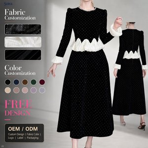 Abito Midi da <span class=keywords><strong>Donna</strong></span> Formale da Festa in Nylon Poliestere Velluto con Scollo a O, Maniche a Sbuffo, Bordo in Pelliccia Sintetica con Perle e Puntini, Vita Alta, Linea ad A - Vendita all'Ingrosso - Product Image 1