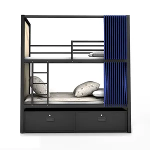 Latest design loft hotel wooden panel drawers hostel curtain metal bunk bed with prices