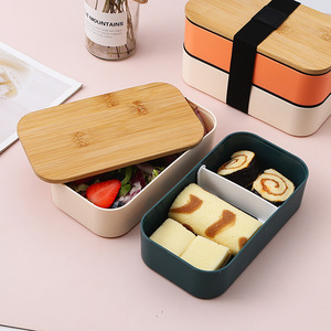 Double Layer Lunch Box With Bamboo <b>Lid</b> <b>Microwaveable</b> Portable For Office Workers Students Rectangle Shape - Product Image 2