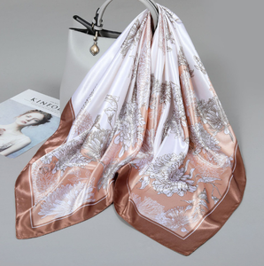 Large 90cm <b>Square</b> <b>Silk</b> <b>Scarf</b> White Camellia and Olive Leaf Print Luxury Gift Wrap Fashion Accessory - Product Image 2