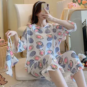 夏季包包睡衣女韩版休闲甜美牛奶棉三季度套筒套装睡衣卡通印花衣服