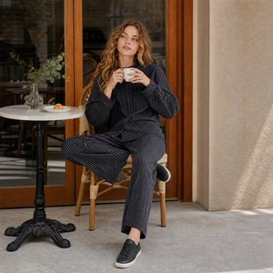Set Lounge Due Pezzi in Cotone a Righe per Donna, Top a Maniche Lunghe con Colletto alla Coreana, Pantaloni Larghi con Coulisse, Abbigliamento Casual SOFT15 - Product Image 2