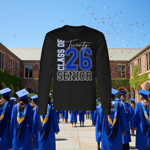 T-shirt à manches longues pour seniors de la classe 2026, design noir et bleu, cadeau de remise de diplôme - Product Image 3