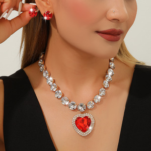 European and American Exaggerated Love Diamond Necklace <b>Earrings</b> Set Red Acrylic Pendant Dress Accessories Bridal Accessories - Product Image 1
