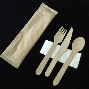 Juego de cubiertos de madera desechables biodegradables, muestra gratis, fabricante chino, cuchillo de madera, tenedor, cuchara para postre