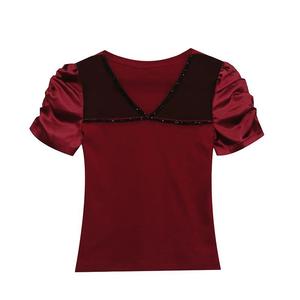 Été Nouveau Design <span class=keywords><strong>Original</strong></span> <span class=keywords><strong>Chic</strong></span> Sexy Mesh Stitching V-neck Heavy Industry Beads Puff Sleeve Fashionable T-<span class=keywords><strong>shirt</strong></span> - Product Image 5