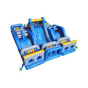 Parcours d'obstacles gonflable commercial modulaire en PVC bleu et jaune, 3 unités, 123x8x18 pieds, garantie 3 ans, comprend une pompe et des kits de réparation pour - Product Image 1