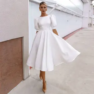 Robe de soirée Simple et propre à manches courtes bouffantes, élégante, Sexy, longueur aux genoux, à dos ouvert, tenue de fête