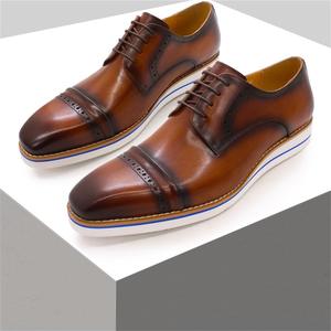 Zapatos Casuales Elegantes de Diseñador de Lujo para Hombre, Oxfords con Estilo, Marrón Encerado Premium, Punta Cuadrada, Impermeables, con Cordones, que Aumentan la Altura - Product Image 1