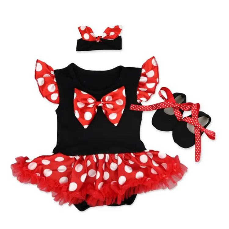 Di Vendita caldo Fancy Red 0-12 Mesi Del Bambino Vestiti Infantili Set di Polka Dot Minnie Nuovo Nato Del Bambino Vestito Dalla Ragazza con Le Scarpe E la Fascia