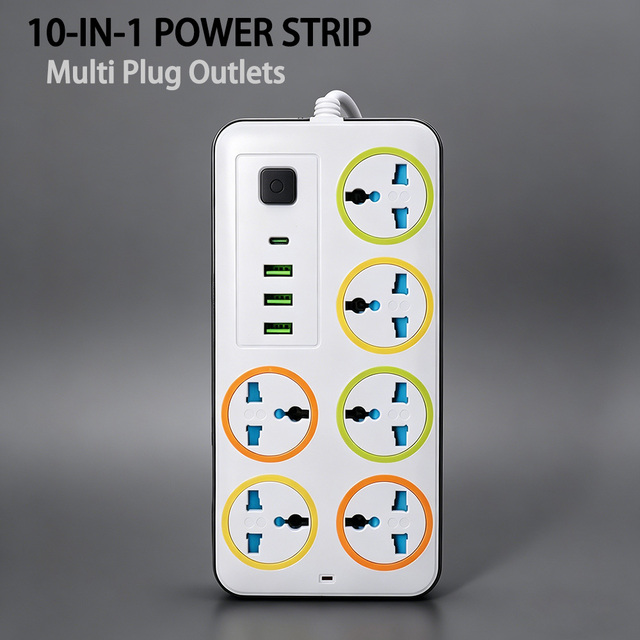 2M Power Cord Extension Socket Board 6 AC outlets with 3USB and 1 Type-c Power Strip for Home and Office