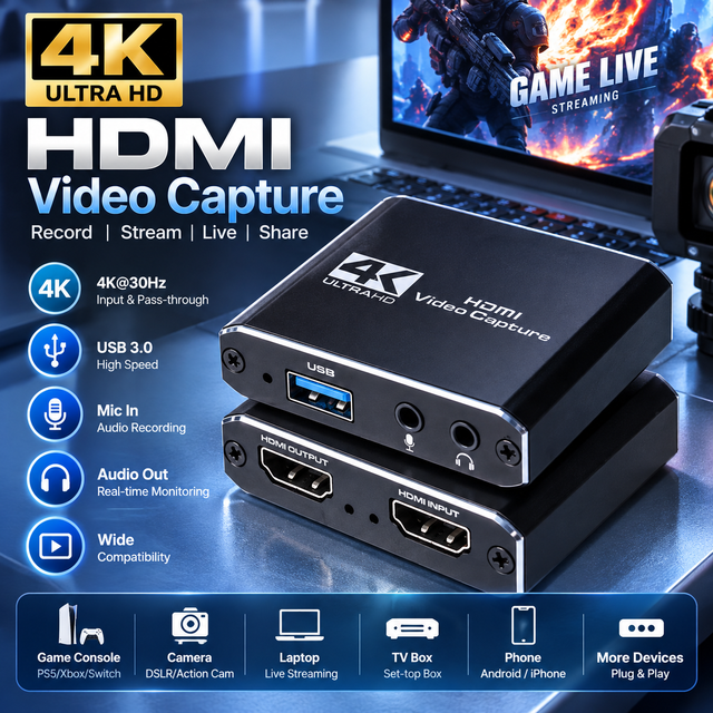 4K HDMI Video Capture Card USB 3.0 1080P Game Capture Device with HDMI Loop Out for Live Streaming Recording