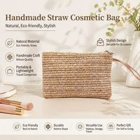 Pochette cosmétique en paille tressée pour la plage, faite à la main en raphia, trousse de maquillage écologique, organiseur de voyage pour articles de toilette avec dragonne