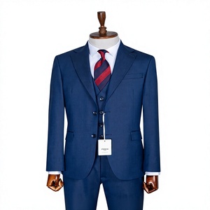 Costume d'affaires bleu marine pour homme, style britannique, double boutonnage, col mandarin, tissu peigné, coupe classique, anti-plis, pour adultes - Product Image 1