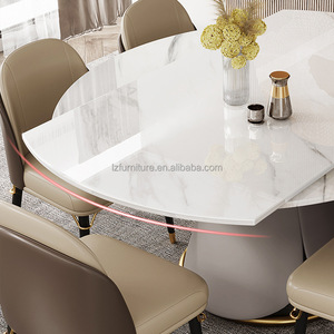 Modern Sintered Stone <b>Round</b> <b>Dining</b> <b>Table</b> <b>Extendable</b> <b>White</b> Marble Top Gold Base Luxury Restaurant Hotel Banquet Furniture - Product Image 4