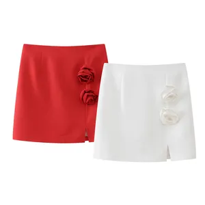 2 colorway front slit and flower solid color zipper fly casual fashion mini skirt for women