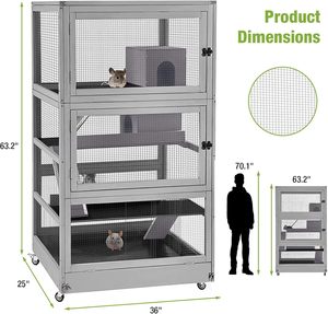 Large Chinchilla 4 Levels Ferret Wooden Hutch Chew-Proof <b>Wheels</b> Movable for Hamster Gerbil <b>Plastic</b> Tray Box - Product Image 5