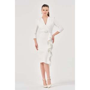Robe décontractée unie écru pour femme DANS, à manches classiques et col rond, pour tous les jours, vente en gros, tailles 38-42 - Product Image 1