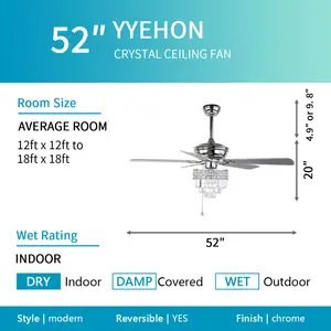 Crystal ceiling fan with light 52 inch modern LED Living Dining room 5 Plywood Blades Ceiling Fan with Light