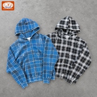 Sweat à capuche zippé vintage à carreaux en maille gaufrée, coupe oversize, effet vieilli, bords bruts, style streetwear, coupe carrée et courte