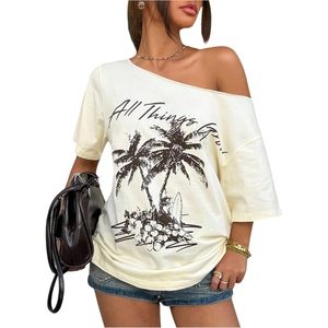 FOXA Camiseta con hombros descubiertos para mujer, cuello asimétrico, manga corta, algodón, estampado de letras, top de vacaciones - Product Image 1