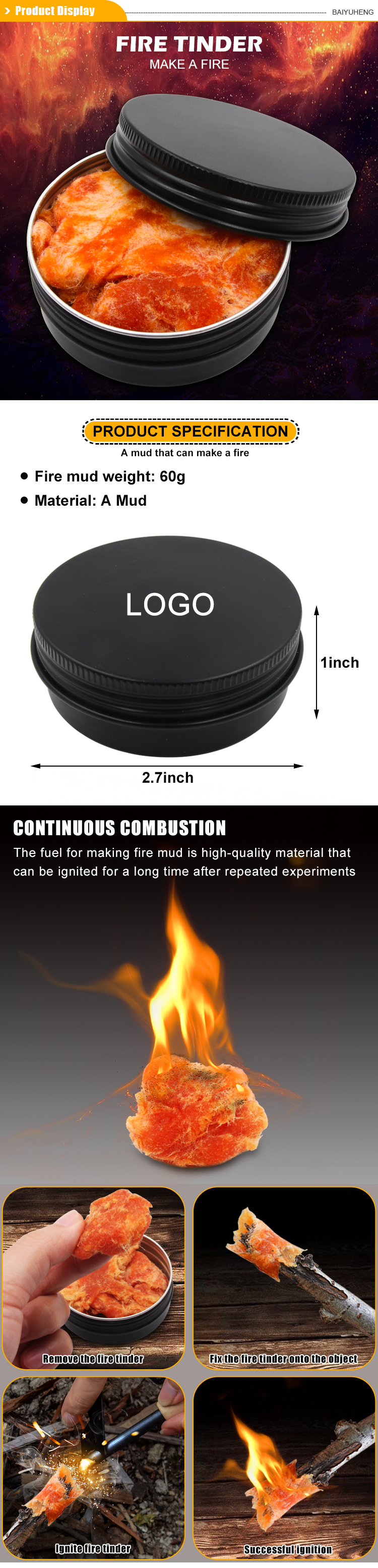 Baiyuheng Easy Light Tinder Fire Plugs Waxed Cotton mud Camping Paraffin Swab Emergency Tinder Waxed Fire Starter for Emergency