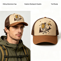 Cappello Trucker Traspirante in Rete a 6 Pannelli in Cotone con Ricamo Scena Montagna Explorer, Logo Personalizzato, per Escursionismo e Avventura, Ideale per Uso Quotidiano Casual