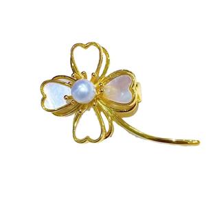 Broche de Perlas Akoya de 7mm Estilo Welfare, Colgante de Perla Natural Blanca con Incrustaciones de Mariposa, Trébol de Cuatro Hojas, Elegantes Broches para el Pecho - Product Image 5