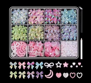 12 lưới/hộp hỗn hợp nhựa <span class=keywords><strong>Bowknot</strong></span> Nail charms 3D đầy màu sắc Bow Kawaii Rhinestone Nail Art trang trí DIY làm móng bộ phận bút Tweeze - Product Image 1
