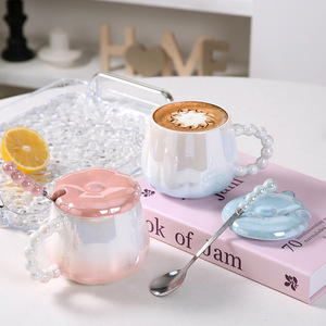 Pastel Gradient Iridescent Pearl Handle Ceramic Mug |Cute Aesthetic Tea Cup with Lid & Spoon for Birthday Gifts
