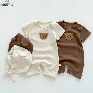 Conyson Macacão macio de bebê, chapéu de verão para bebês, chapéu de manga curta casual com remendo waffle e urso, roupas para recém-nascidos
