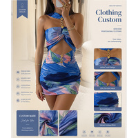 Robe mini moulante sexy décontractée imprimée personnalisée avec col halter, découpes à la taille et boucle chaîne métallique