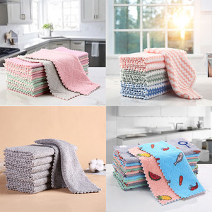 Thickened Coral Fleece Dishcloth Rectangle Striped Cartoon Print Kitchen Cleaning Cloth Pots And Pans Scouring Pad - Product Image 1