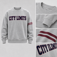 Sweat-shirt à col rond personnalisé gris avec lettres et manches rayées OEM ODM