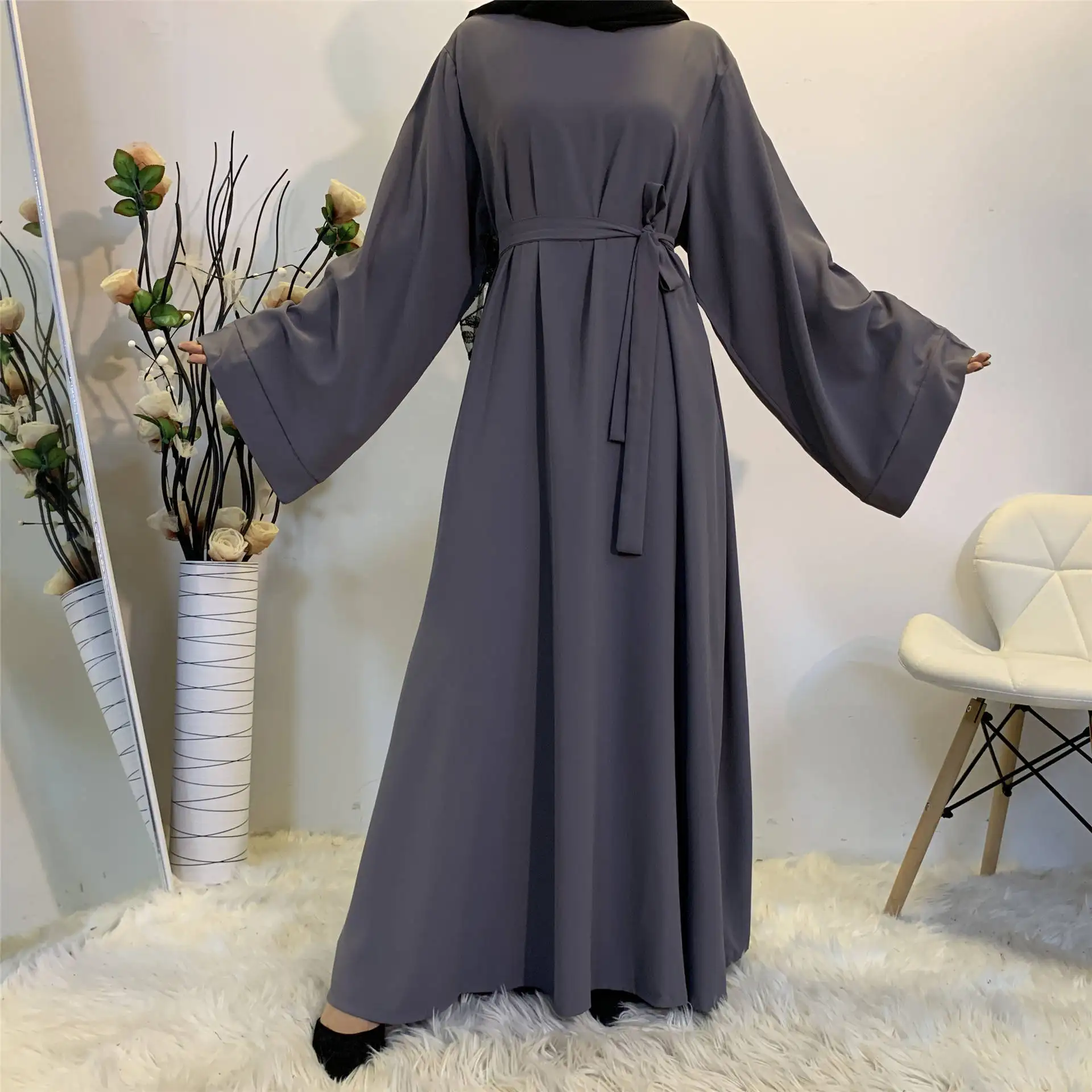 Atacado Mais Recente Design Tripulação Pescoço Turquia Abaya Gulf Senhoras Fechado Preto Kaftan Kimono Islâmico Vestuário Muçulmano Dubai Vestidos