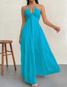 princess polly baby blue dress Women's Bohemian Backless Flowy Ruffled Maxi Dress with Adjustable Belt - Summer Vacation main image 0
