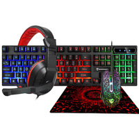 Dört Parçalı Set Bilgisayar LED Işıklı 104 Tuşlu Klavye ve Mouse Seti, Kulaklık, Mouse Pad, USB Kablolu Oyun Klavyesi, Su Geçirmez, Stokta