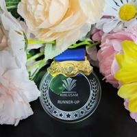 Logo personnalisé Médaille ronde Plaque en cristal Trophée de plaque en verre transparent avec support en métal