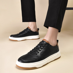 Chaussures décontractées pour hommes en cuir de vache véritable, à bout rond, à lacets, respirantes, blanches - Product Image 3