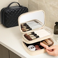 Trousse de Maquillage Double Couche avec Miroir, Grande Capacité, Organisateur de Voyage pour Cosmétiques avec Compartiment pour Pinceaux et Diviseur, Sac de Toilette