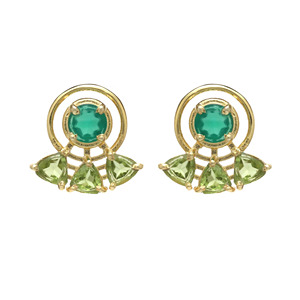 Multi Stone Gold Plated Brass Peridot and Green Onyx <b>Stud</b> <b>Earrings</b>, Office wear <b>studs</b> - Product Image 1