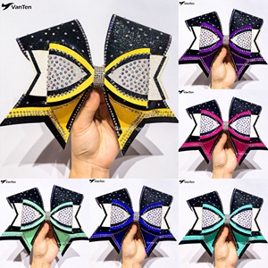 Moños de Competición de Alta Calidad Triple Threat, Color Amarillo Neón y Azul Rey, Moños Grandes de 7 Pulgadas con Cola Completamente Decorada con Pedrerí<span class=keywords><strong>a</strong></span> - Product Image 3