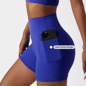Shorts de yoga taille haute pour <span class=keywords><strong>femme</strong></span>, sensation seconde peau, couleur unie, séchage rapide, pour entraînement, course et gym, avec poche, qualité supérieure personnalisée - Product Image 4