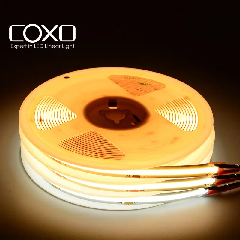 شريط إضاءة COXO cob led, شريط إضاءة 12 فولت 24 فولت 480led ce rohs ضمان 3 سنوات شريط إضاءة led مرن