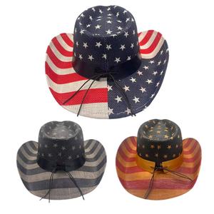 Ventes directes d'usine de chapeaux de Cowboy occidentaux rétro classiques USA drapeau américain peinture chapeau de paille drapeau américain chapeau de Cowboy - Product Image 3